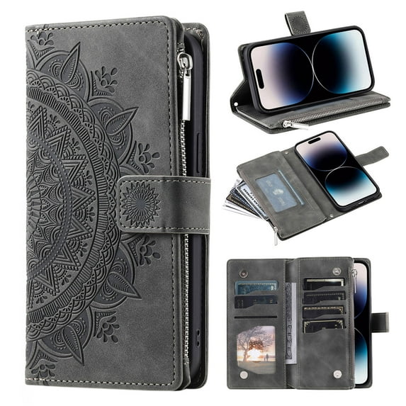 Heavy Duty Wallet Case for Samsung Galaxy S25 Ultra, PU Leather Cards Holder Crossbody Strap Zipper Pocket Kickstand Drop Protection Phone Case for Samsung Galaxy S25 Ultra, Gray