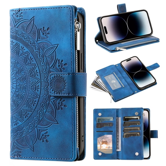 Heavy Duty Wallet Case for iPhone 16 Pro Max, PU Leather Cards Holder Crossbody Strap Zipper Pocket Kickstand Drop Protection Phone Case for iPhone 16 Pro Max, Blue