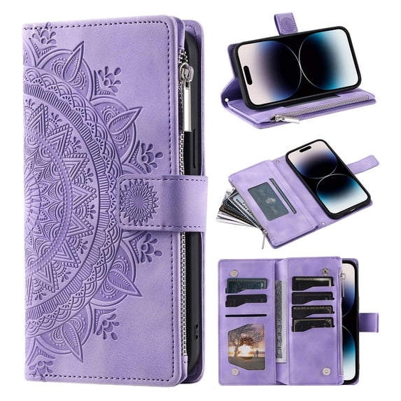 Heavy Duty Wallet Case for iPhone 16 Pro Max, PU Leather Cards Holder Crossbody Strap Zipper Pocket Kickstand Drop Protection Phone Case for iPhone 16 Pro Max, Purple