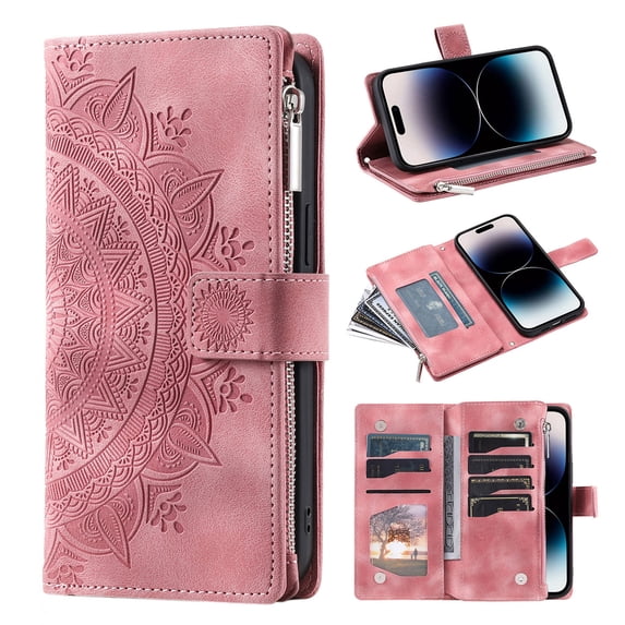 Heavy Duty Wallet Case for iPhone 16 Pro Max, PU Leather Cards Holder Crossbody Strap Zipper Pocket Kickstand Drop Protection Phone Case for iPhone 16 Pro Max, Pink