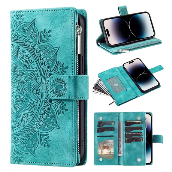 Heavy Duty Wallet Case for iPhone 16 Pro Max, PU Leather Cards Holder Crossbody Strap Zipper Pocket Kickstand Drop Protection Phone Case for iPhone 16 Pro Max, Green