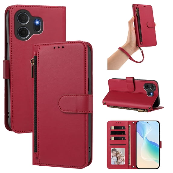 Heavy Duty Wallet Phone Case Compatible with TCL NxtPaper 70 Pro with Card Slots and Kickstand Red