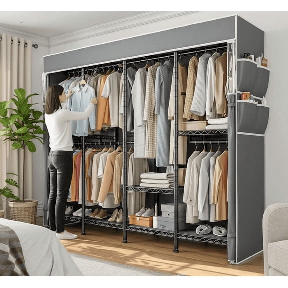 Heavy Duty Wardrobe Closet with Cover,Covered Garment Racks for Hanging clothes,Adjustable Clothes Rack with 7 Hanging Rods,Black