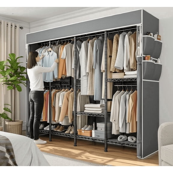 melmine Heavy Duty Wardrobe Closet with Cover,Covered Garment Racks for Hanging clothes,Adjustable Clothes Rack with 7 Hanging Rods,Black
