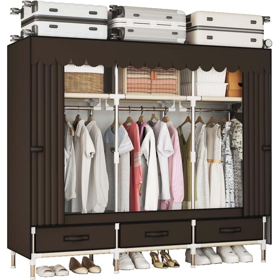 Heavy Duty Wardrobe Portable Closet Organizer Metal Clothing Rack for Hanging Clothes with Drawer Easy to Assemble Stronger Load-Bearing Detachable Design Brown 59" Lx 17.7" Wx 64.9" H
