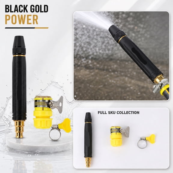 Heavy Duty Water Hose Tool Set, Jet Nozzle for Garden Hose, Hose Quick Connect Fittings, Stainless Hose Clamps, 6X1 Inch Black High Flow Nozzle Kit, for Pressure Washing Patios,