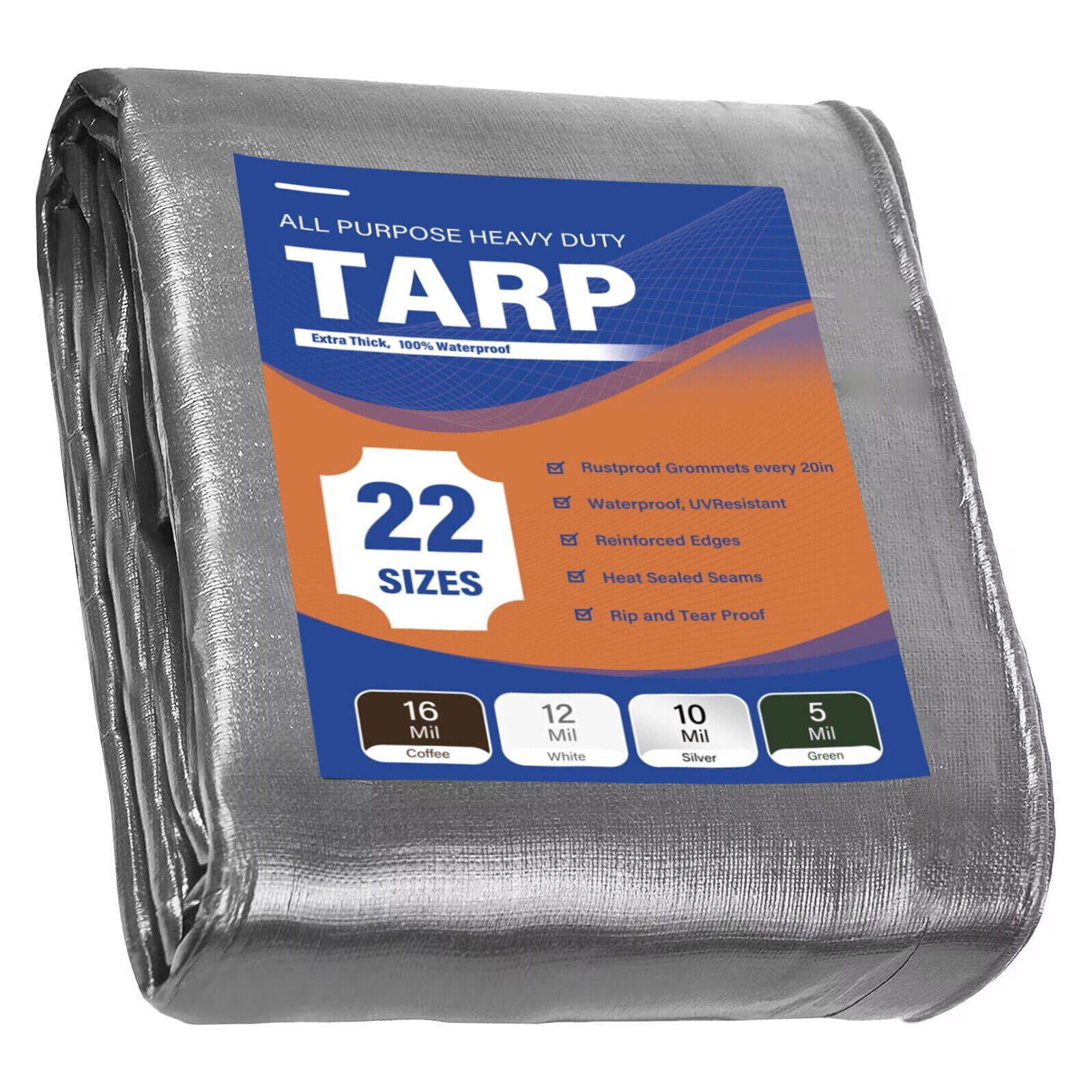 Heavy Duty Waterproof Poly Tarp Outdoors Truck Tarps Canopy Tent Shelter Cover 10Mil Tarpaulin for Car Boat Woodpile Silver 6 x 10ft