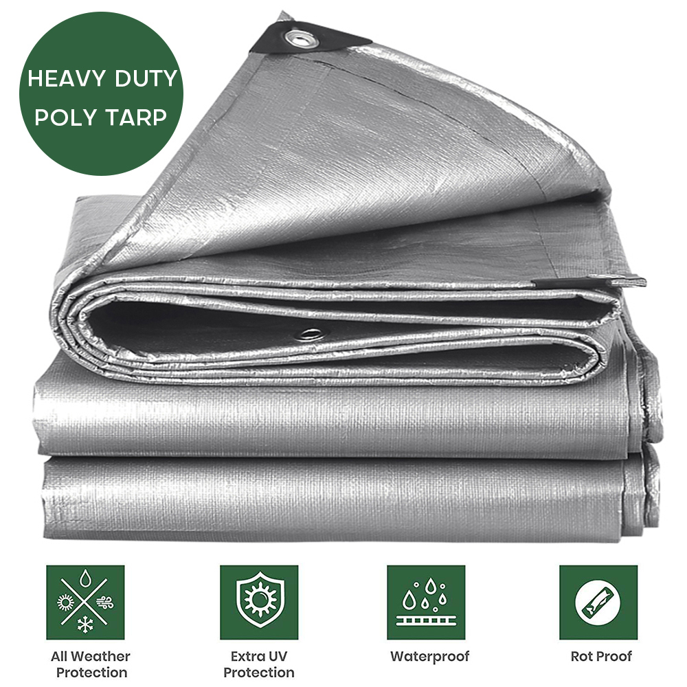 Heavy Duty Waterproof Poly Tarp Outdoors Truck Tarps Canopy Tent Shelter  Cover 10Mil Tarpaulin for Car Boat Woodpile Silver x 10ft