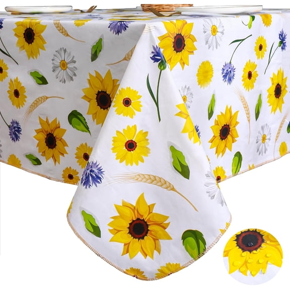 Heavy Duty Waterproof Vinyl Tablecloth with Flannel Backing, Oil-Proof, Stain-Resistant, Wipeable Plastic Table Cover, Yellow Flower, 60x84 Inch Rectangle or Square