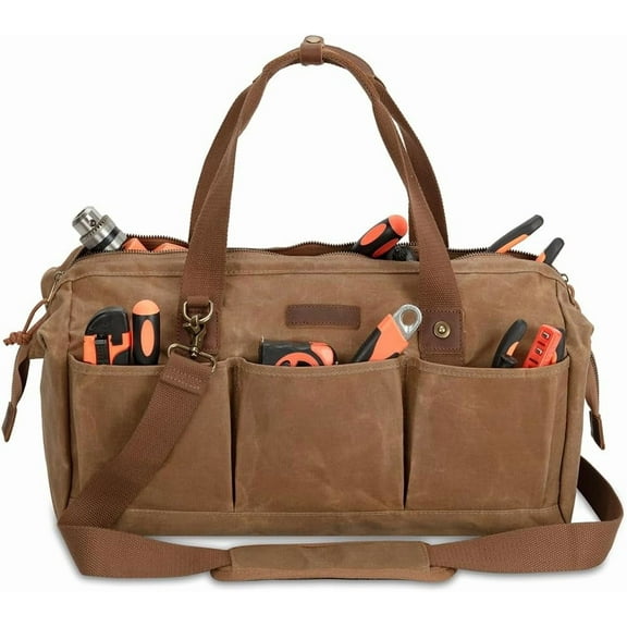 Heavy Duty Waxed Canvas Tool Bag 18-Inch, 12-Pocket Portable Empty Tool Box Organizer Storage, Toolbox Organization, Soft Handle Carrying Toolbag with Large Zipper, Father Day/Men Birthday Gift