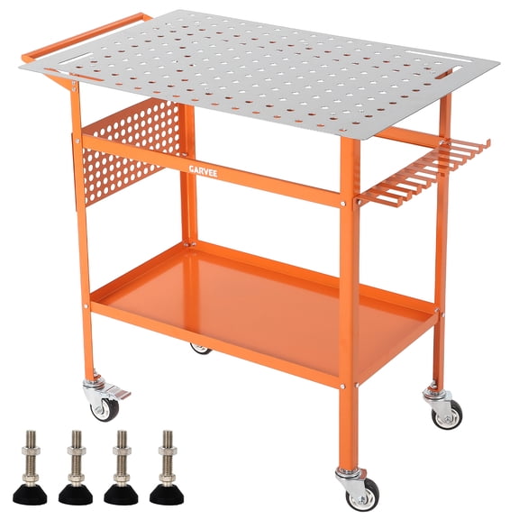 Heavy Duty Welding Table 36" x 24" Steel Frame Workbench, 800 lbs Capacity, Double-Layer Storage, Mobile on 4 Wheels (2 Brakes), Side Pegboard & Hooks, Adjustable Feet, for Garage, Workshop