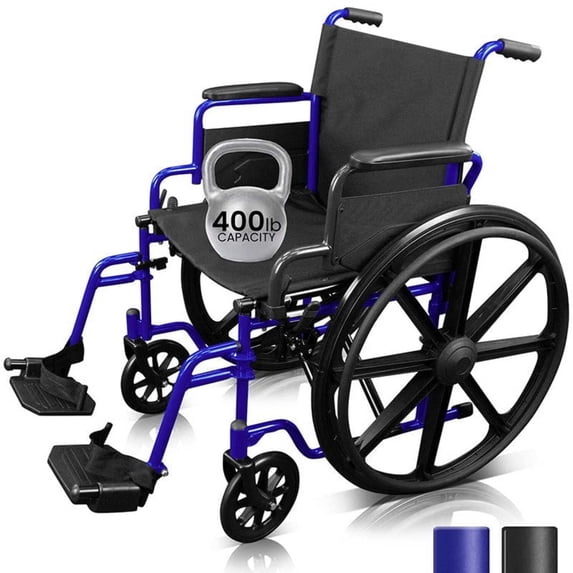 Vive Heavy-Duty Bariatric Wheelchair for Adults (Supports 400 lbs) – Foldable, Manual Transport Chair with 20" Wide Seat – Portable for Travel & Easy Transfers, Blue
