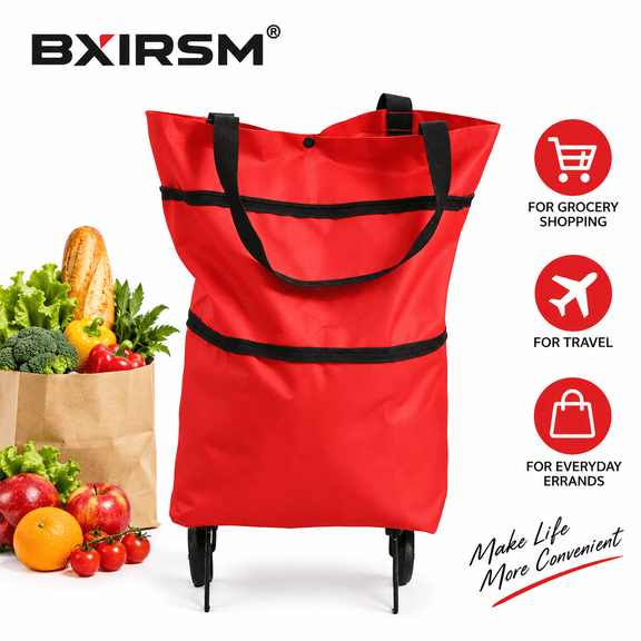 Heavy Duty Wheeled Shopping Bag Foldable Rolling Tote Bag with Wheels Large Capacity Oxford Cloth Grocery Cart for Adults Travel Laundry