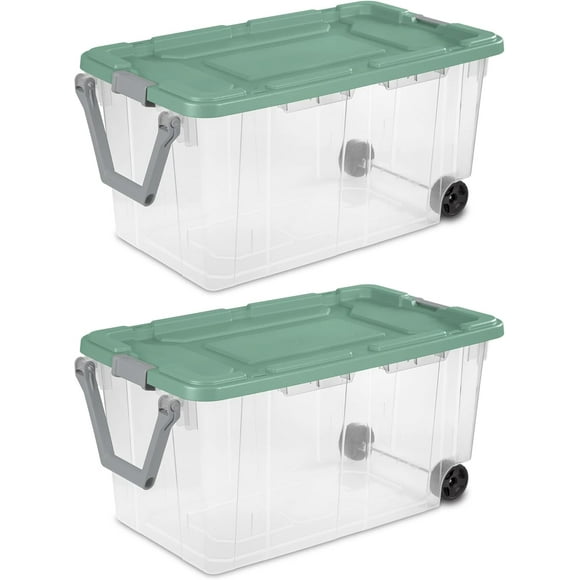 Heavy-Duty Wheeled Storage Container, 40 Gallon Capacity, Weather-Resistant Plastic, Stackable with Drip-Resistant Lid, 36.75 x 21.38 x 18 Inches (Clear/Green, 2)