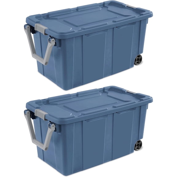Heavy-Duty Wheeled Storage Totes, Blue Industrial Container with Latching Lid, 40 Gallon Capacity, 36.75x21.38x18 Inches, 2 PACK