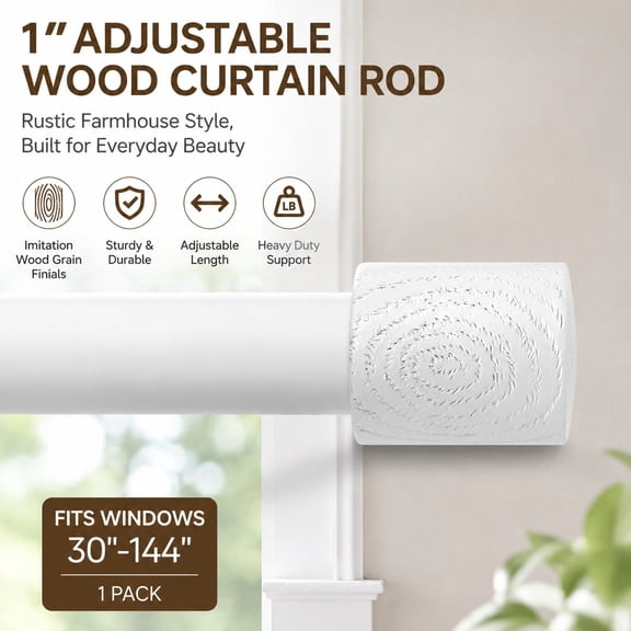 Heavy Duty White Curtain Rod Adjustable 72-144 Inches Window Drapery Rod with Wood Grain Finials