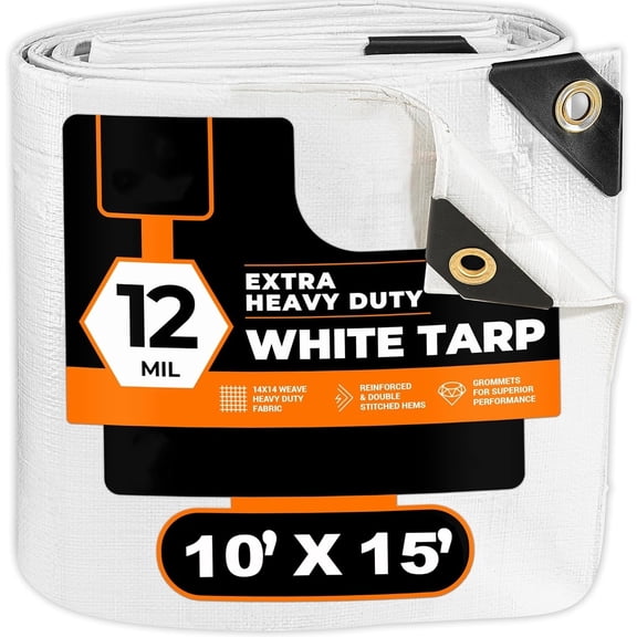 Heavy Duty White Poly Tarp 10' X 15' - Multipurpose Protective Cover - Durable, Waterproof, Weather Proof, Rip and Tear Resistant - Extra Thick 12 Mil Polyethylene