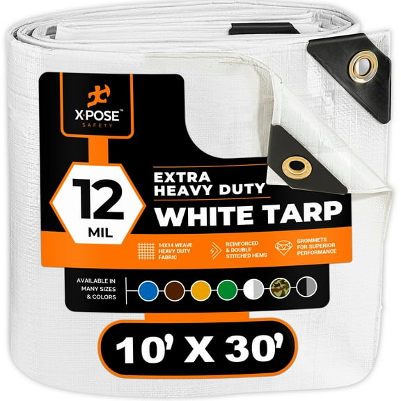 Heavy Duty White Poly Tarp 10' x 30' Multipurpose Protective Cover - Durable, Waterproof, Weather Proof, Rip and Tear Resistant - Extra Thick 12 Mil Polyethylene - by Xpose Safety