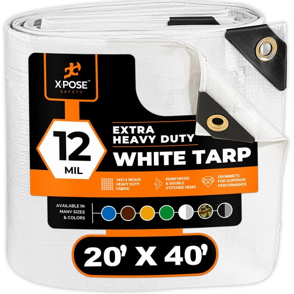 Heavy Duty White Poly Tarp 20' x 40' Multipurpose Protective Cover - Durable, Waterproof, Weather Proof, Rip and Tear Resistant - Extra Thick 12 Mil Polyethylene - by Xpose Safety