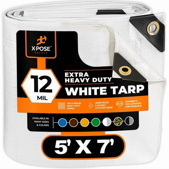 Heavy Duty White Poly Tarp - Multipurpose Protective Cover - Durable, Waterproof, Weather Proof, Rip and Tear Resistant - Extra Thick 12 Mil Polyethylene - by Xpose Safety (5' X 7')