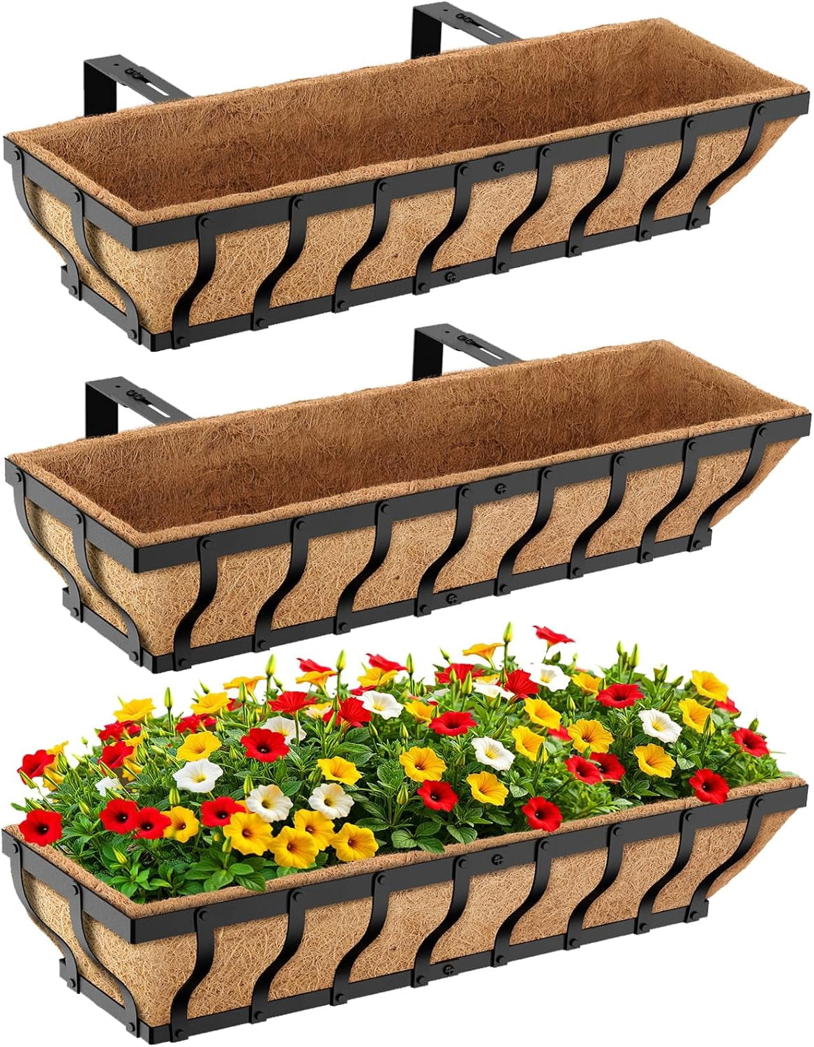 Heavy Duty Window Box Planters, Railing Planter Boxes, Adjustable Balcony Planters for Railing Hanging, with Coco Liner & Support Rod for Deck, Porch, and Patio Gardening