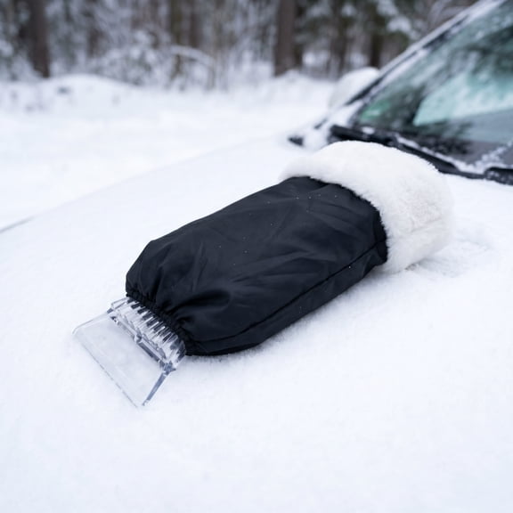 Heavy Duty Windshield Snow Shovel Tool, Ice Scraper With Warm Fleece Lined Glove For Car, Portable Winter Frost Eraser For Vehicles And Home Windows, Black, 1 Pack