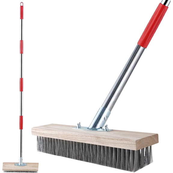 Heavy Duty Wire Broom with Telescopic Handle(57IN), Stiff Metal Bristle Red