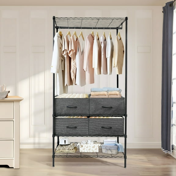 Heavy Duty Wire Garment Rack with 4 Fabric Drawers Adjustable Metal Wire Clothes Rack W/Hanging Rod, DIY Freestanding Clothing Rack, 400lbs Load Capacity, 35.8"x15.7"x71", Black