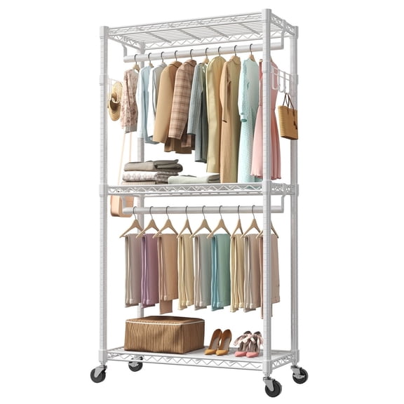 Heavy Duty Wire Garment Rack with Wheels, 35.4" Wide 3-Tier Rolling Clothes Rack with Dual Hanging Rods, Adjustable Metal Wardrobe Storage Organizer for Hanging Clothes, Shoes, Laundry Room, White