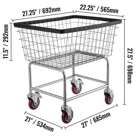Heavy-Duty Wire Laundry Cart with 4 Casters - 2.5 Bushel Chrome Finish Basket, 21x27x27.5 Inches, Steel Frame for Commercial Laundry