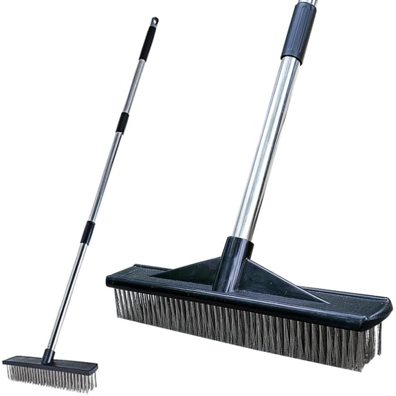 Heavy Duty Wire Push Broom Brush, 15.7" Stainless Steel Bristle Deck Brush with Long Handle for Removing Weeds, Outdoor Broom for Rough Surface Dirt