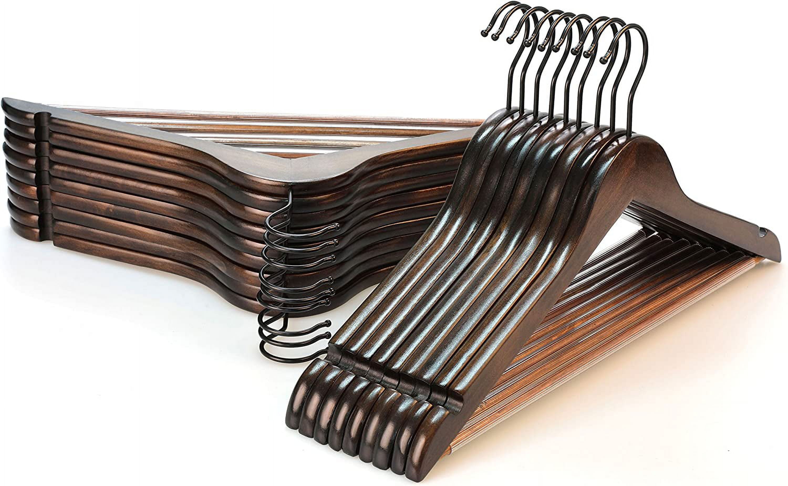 Heavy Duty Wood Coat Hangers in Smooth Retro Finish, Boutique Quality Wooden Suit Hangers with Thicker Non-Slip Rubber Pants Bar and Smoothly Cut Notches-360 °   Black Hook-18 Pack