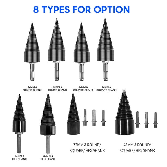 Heavy Duty Wood Splitter Drill Bit 32mm Firewood Log Splitter Screw Cone Driver with 3 Removable Shanks Round Square Hex (1.26 inches / 3.2 cm)