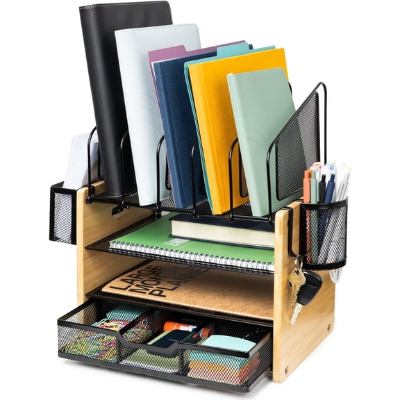 Heavy Duty Wooden Desk Organizer with Drawer - Wooden Desk Shelf for Storage & Organization - Office Tray for Files, Mail, and Supplies - Small Countertop Bookshelf with Letter Holder & Hooks