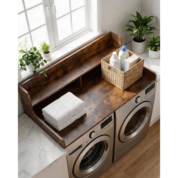 Heavy Duty Wooden Laundry Shelf Leader for Washer and Dryer, Countertop Organizer with 12" Edge Rails, Non-Slip Pads – Farmhouse Storage Table for Folding Clothes and Accessories – Walnut