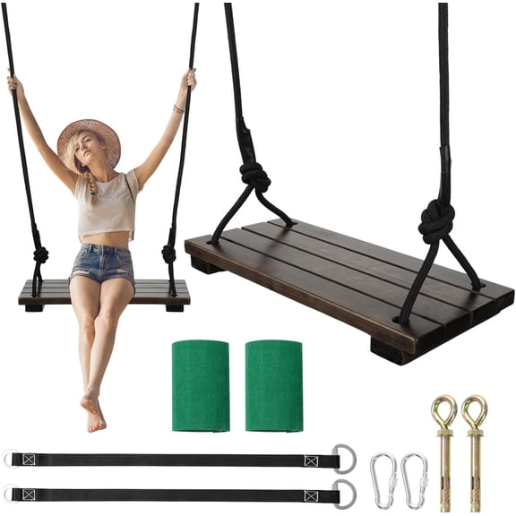 Heavy Duty Wooden Tree Swing Seat for Adults & Kids - 440lbs Capacity, Adjustable Rope & 180 inch Tree Straps, Indoor/Outdoor Swing Set for Backyard, Garden, Porch, Patio, 17.72" x 7.87"
