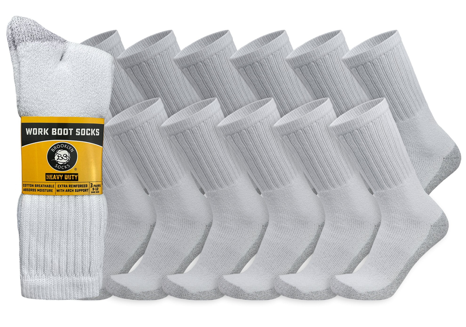 Heavy Duty Work Thick Crew Cotton Socks, Steel Toe, (White 12 pairs) fits US Men
