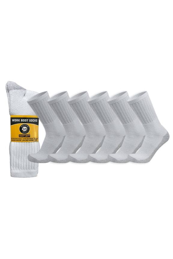 Heavy Duty Work Thick Crew Cotton Socks, Steel Toe, (White - 6 pairs) fits US Men's Shoe Size 10-12
