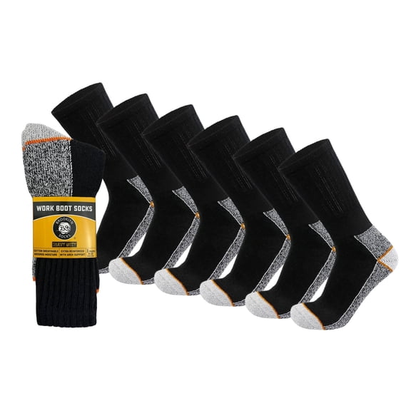 Heavy Duty Work Thick Warm Crew Cotton Socks, Steel Toe, (Black - 6 pairs) fits US Men's Shoe Size 10-12
