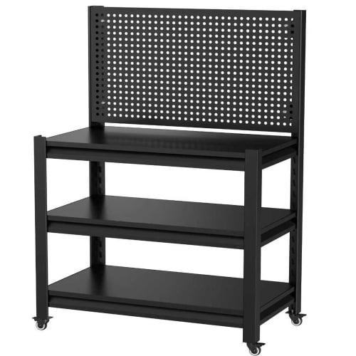 Heavy Duty Workbench With Pegboard, 1000lbs Capacity Mobile Work Table With Wheels & Adjustable Shelves, Rolling Tool Cart For Garage Warehouse Workshop Use