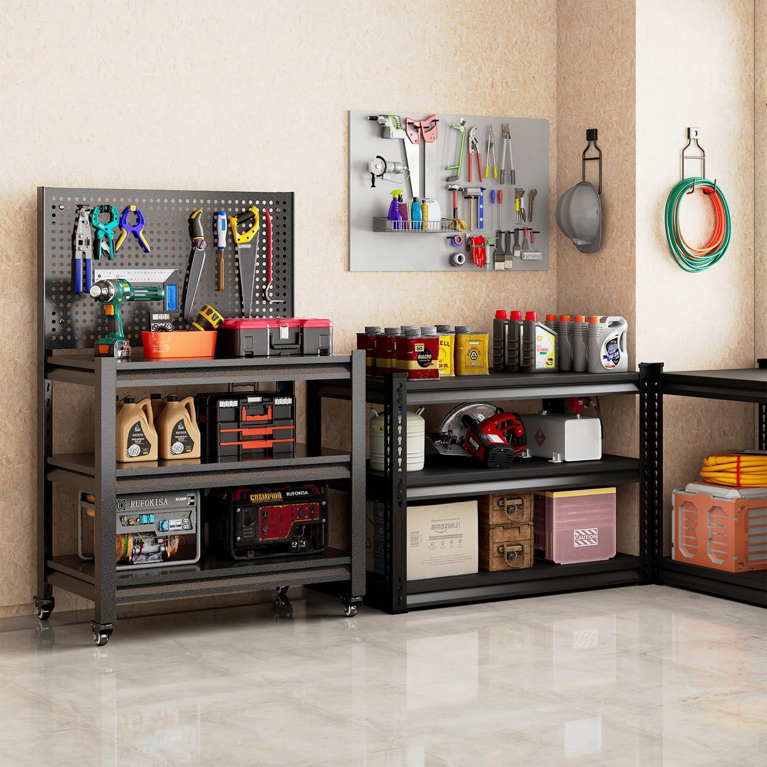 Heavy Duty Workbench with Pegboard and Adjustable Shelves, Mobile ...