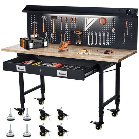 Heavy Duty Workbench with Power Outlets, 60 Inch Adjustable Height Rolling Tool Table, 2200 lbs Capacity, Rubber Wood Top, Drawer & Pegboard Storage for Garage Workshop