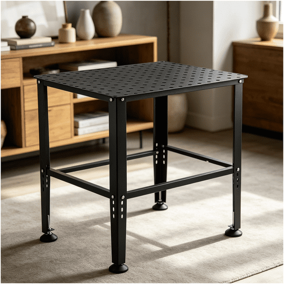 Heavy Duty Workbench for Home Office, Black Steel Work Table with Fixture Holes for Study and Computer Use