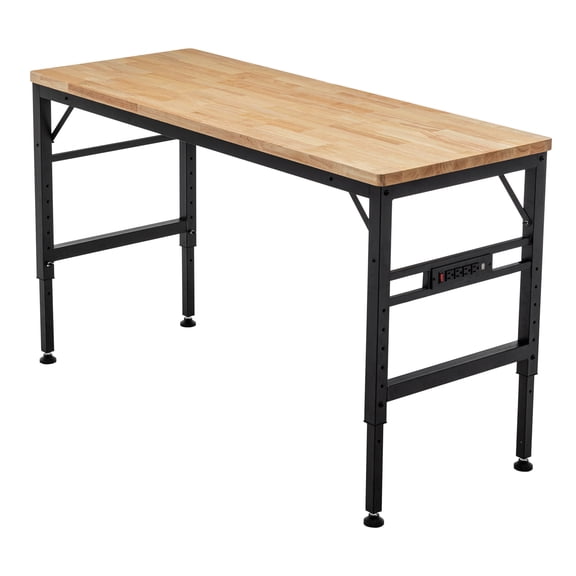 Heavy Duty Workstation With 60" X 23.71" Rubber Wood Top - Adjustable Height 2000 Lbs Load Capacity For Garage And Workshop Workbench Various Requirements Different Places
