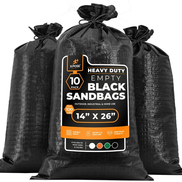 Heavy Duty Woven Polypropylene Sand Bags for Flooding 14 x 26 100 lb Weight Limit Military Grade Reusable Refillable Sand Bag for Hurricane Flood Protection Empty Sandbags Black Bundle