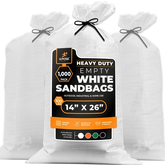 Heavy Duty Woven Polypropylene Sand Bags for Flooding -14" x 26" 100 lb Weight Limit - Military Grade Reusable Refillable Sand Bag for Hurricane Flood Protection - Empty Sandbags White, Bundle of 1000