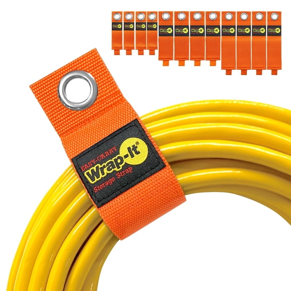 Heavy-Duty Wrap-It Storage Straps - Assorted Sizes (12 Pack)- Hook and Loop Extension Cord Organizer, Cable Straps for Garage Organization - Orange