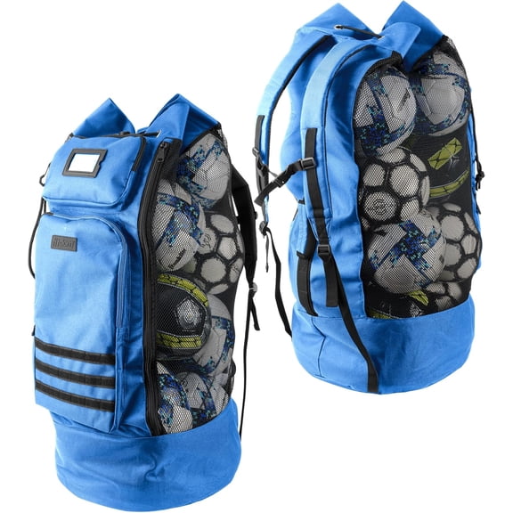 Heavy Duty XL Soccer Mesh Equipment Ball Bag w/Adjustable Backpack Strap Design for . 2 Different Size Front Pockets for Sporting Accessories.