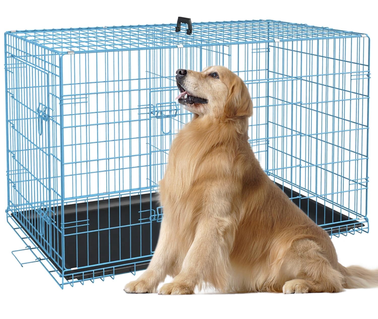 Heavy Duty XXL Dog Crate 48 Inch Metal Wire Folding Cage for Large Dogs, Removable Tray Double Door Divider Panel Handle, Pet Kennel Indoor Outdoor Use, Blue
