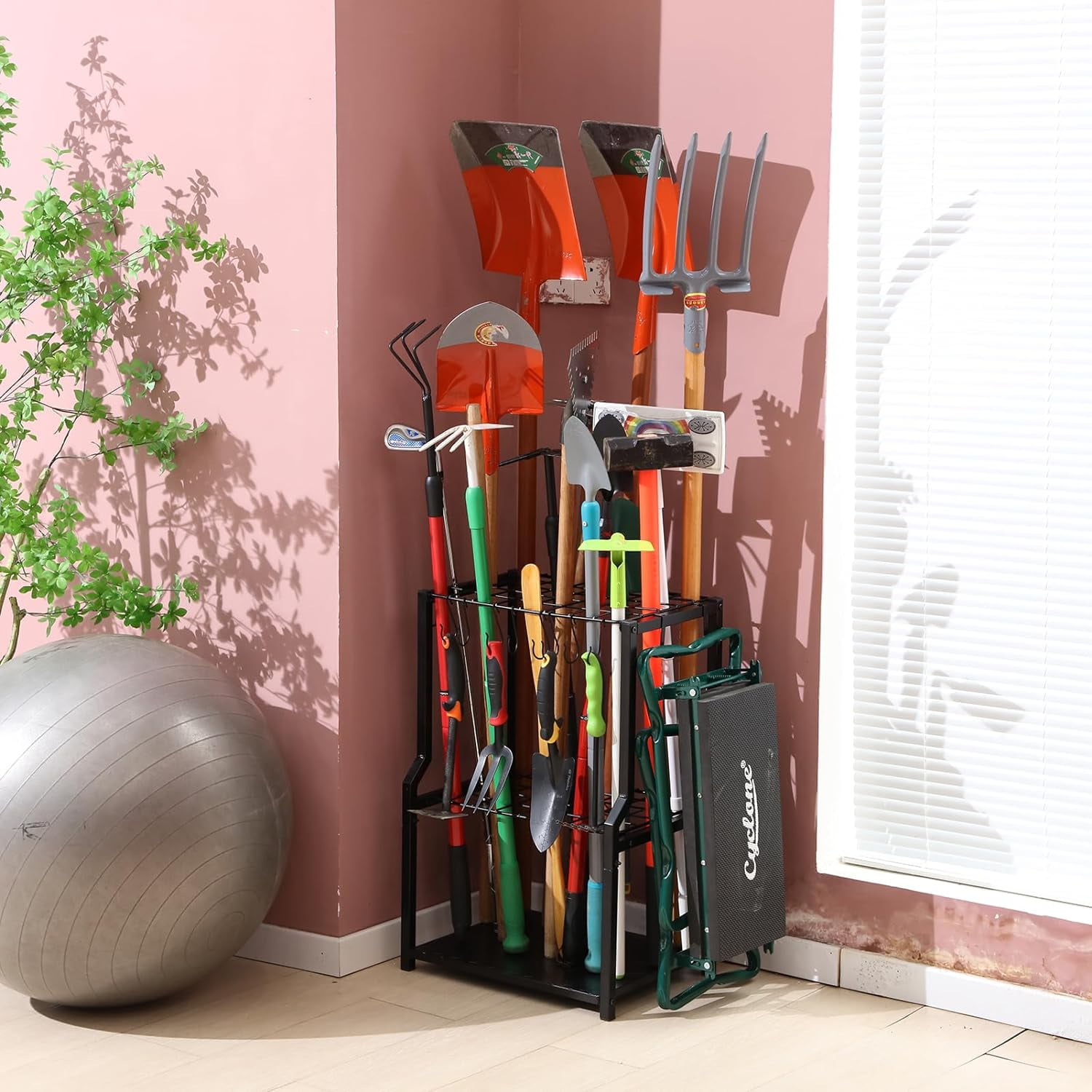 Heavy Duty Yard Tool Tower Rack, Free Standing Garage Storage for Rakes, Brooms, Shovels, Extra Hooks